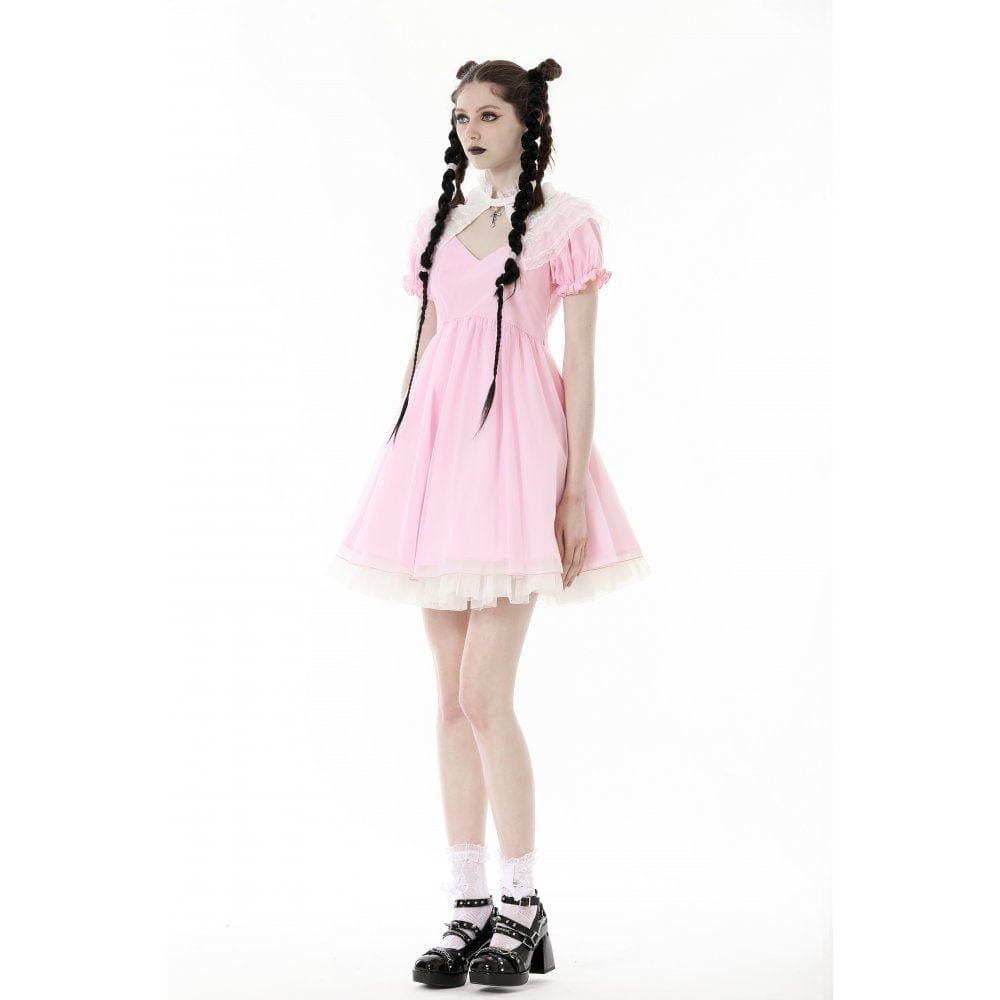 Darkinlove Women's Lolita Puff Sleeved Dress with Detachable Collar