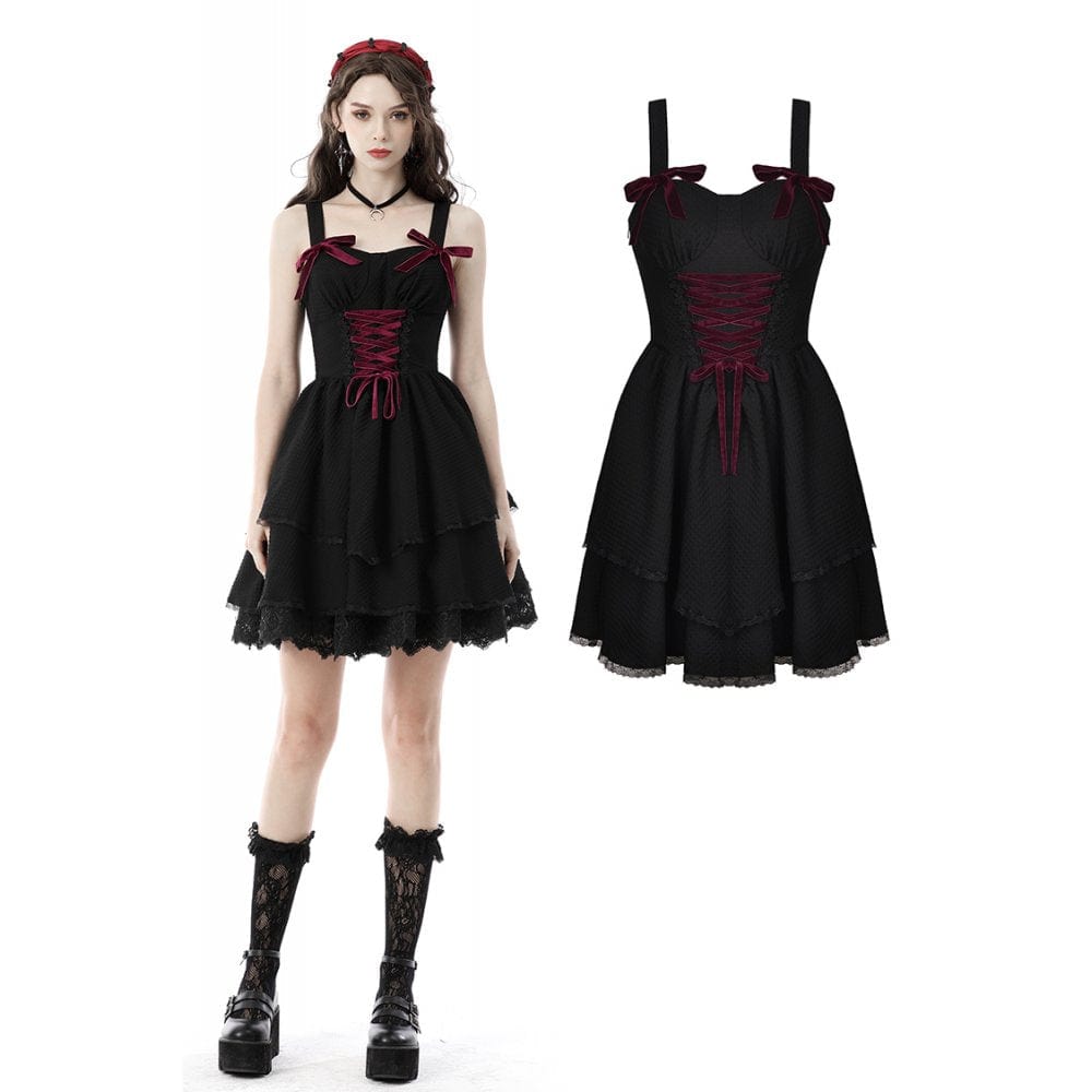 Darkinlove Women's Lolita Red Bowknot Multilayer Mesh Slip Dress