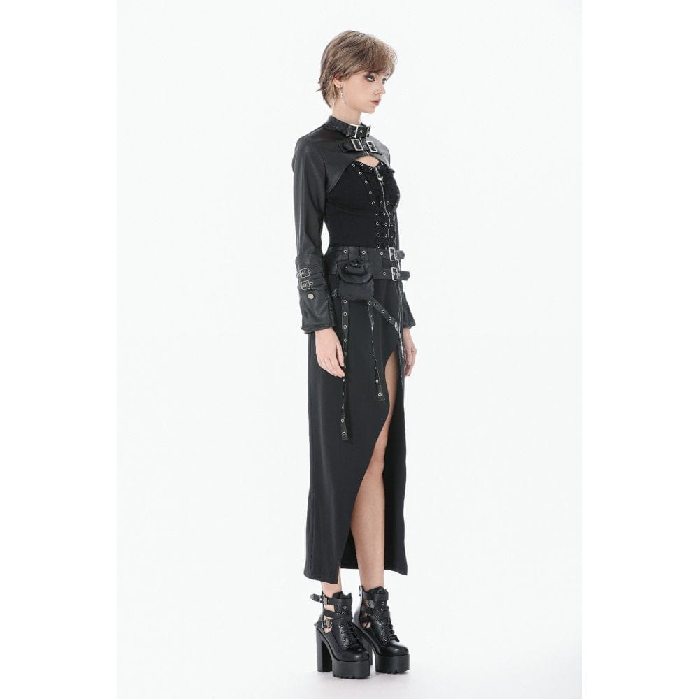 Darkinlove Women's Punk Asymmetric Eyelet Strappy Zip Long Skirt