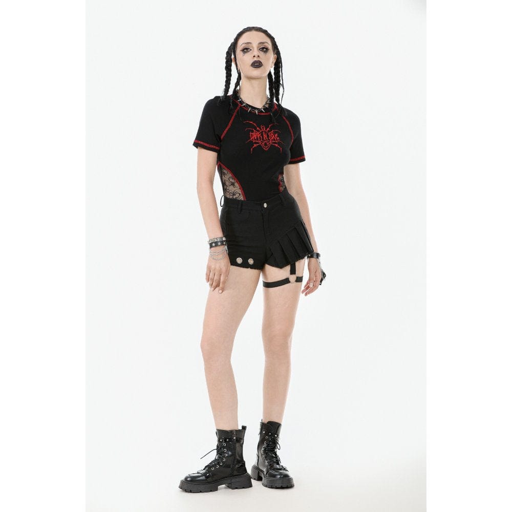 Darkinlove Women's Punk Asymmetry Rivet Shorts with Leg Strap