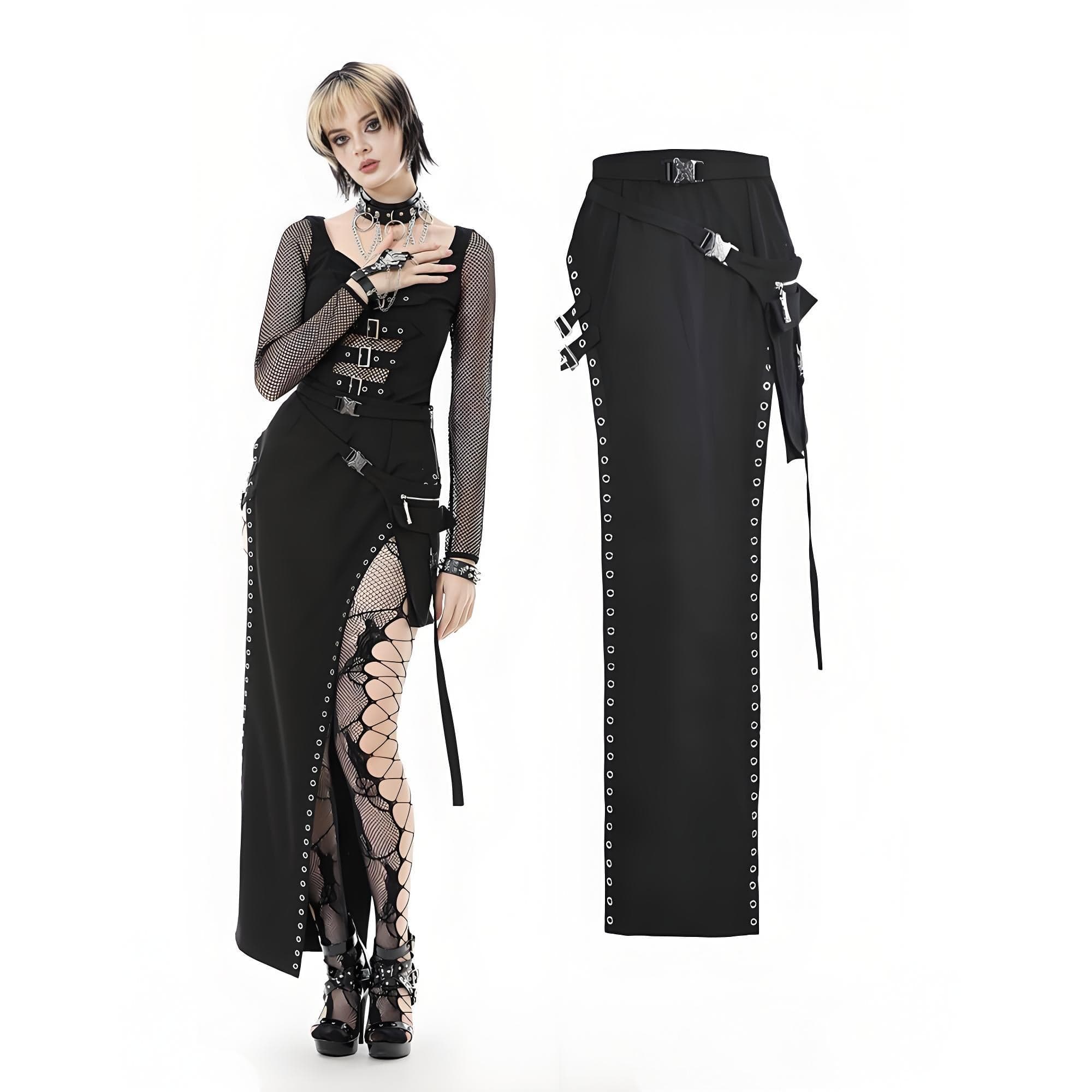 Darkinlove Women's Punk Buckle Strap Eyelet High-slit Midi Skirt with Detachable Pocket