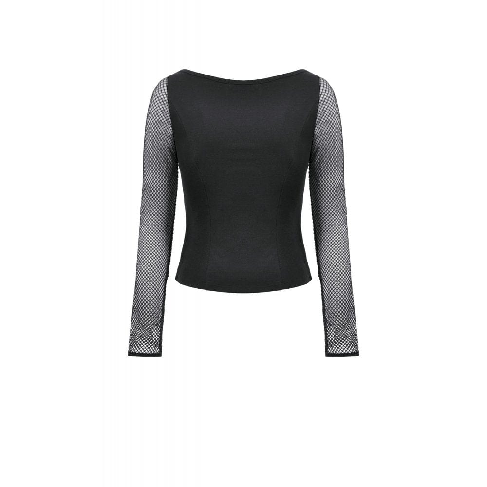 Darkinlove Women's Punk Buckle Strap Mesh Splice Long Sleeved Top