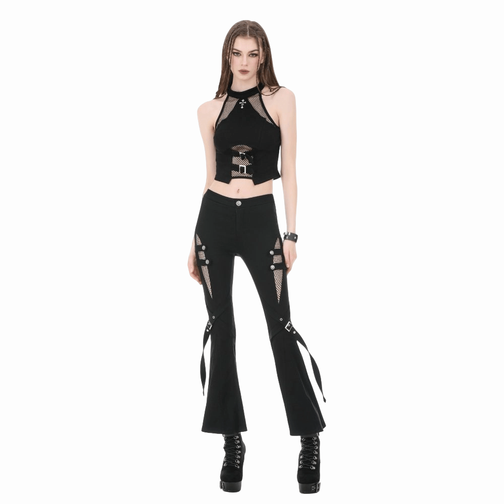Darkinlove Women's Punk Buckle Straps Mesh Patchwork Flare Pants