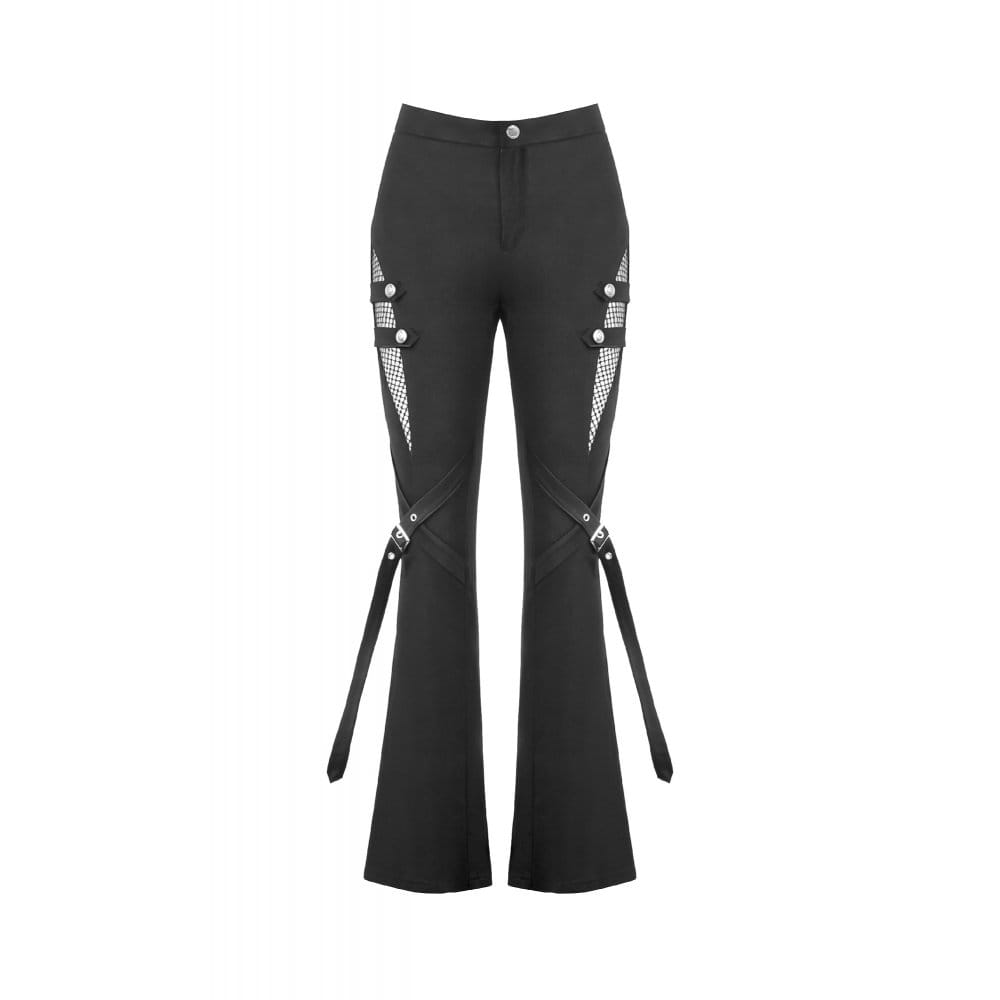 Darkinlove Women's Punk Buckle Straps Mesh Patchwork Flare Pants