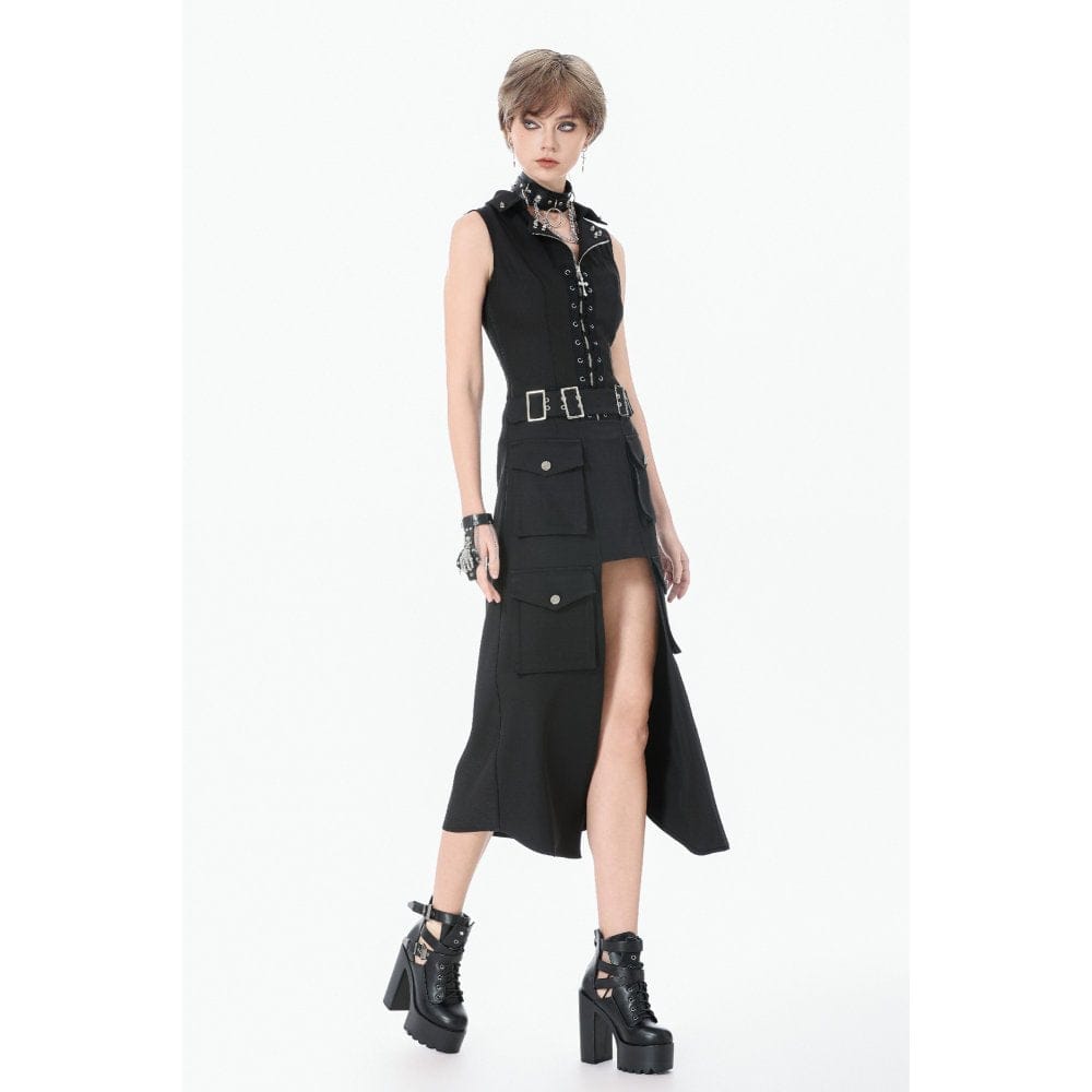 Darkinlove Women's Punk Buckle-up Multi-pocketed Cutout Long Skirt