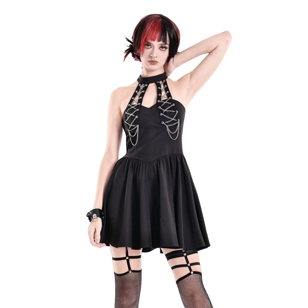 Darkinlove Women's Punk Chained Cutout Halter Dress