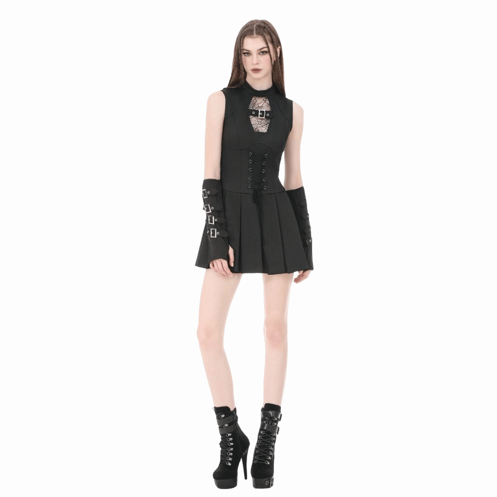 Darkinlove Women's Punk Cobweb Mesh Splice Lace-up Sleeveless Dress