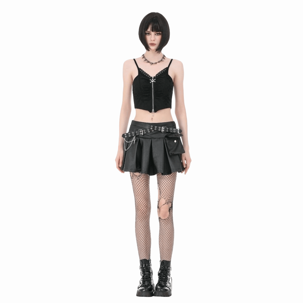 Darkinlove Women's Punk Cross Belt Chained Pleated Skirt
