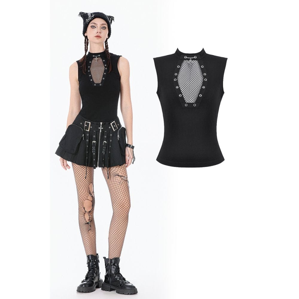 Darkinlove Women's Punk Cross Eyelet Coffin Mesh Splice Tank Top