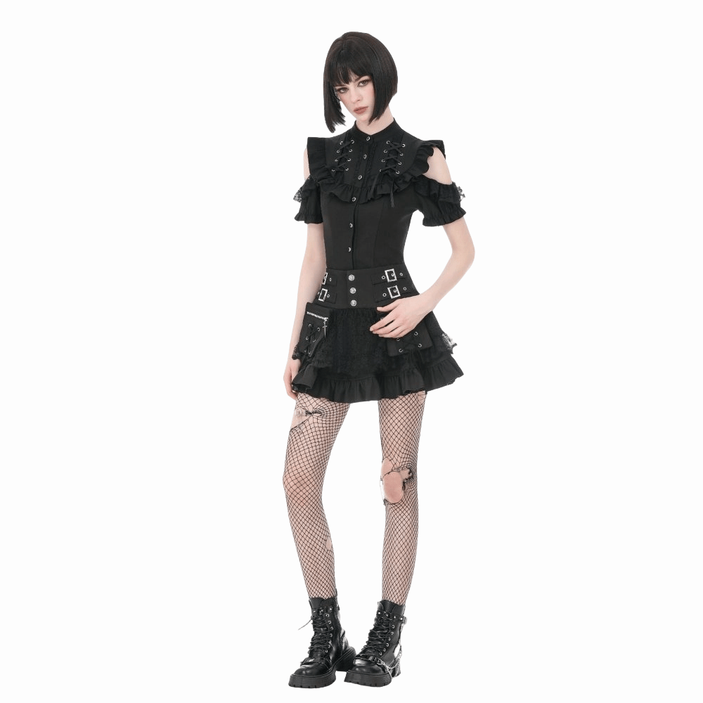 Darkinlove Women's Punk Cross Lace-up Pocket Ruffled Mini Skirt