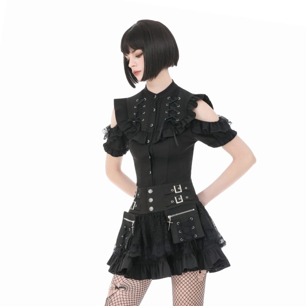 Darkinlove Women's Punk Cross Lace-up Pocket Ruffled Mini Skirt