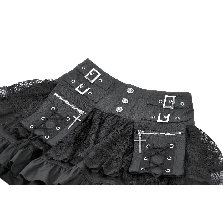 Darkinlove Women's Punk Cross Lace-up Pocket Ruffled Mini Skirt
