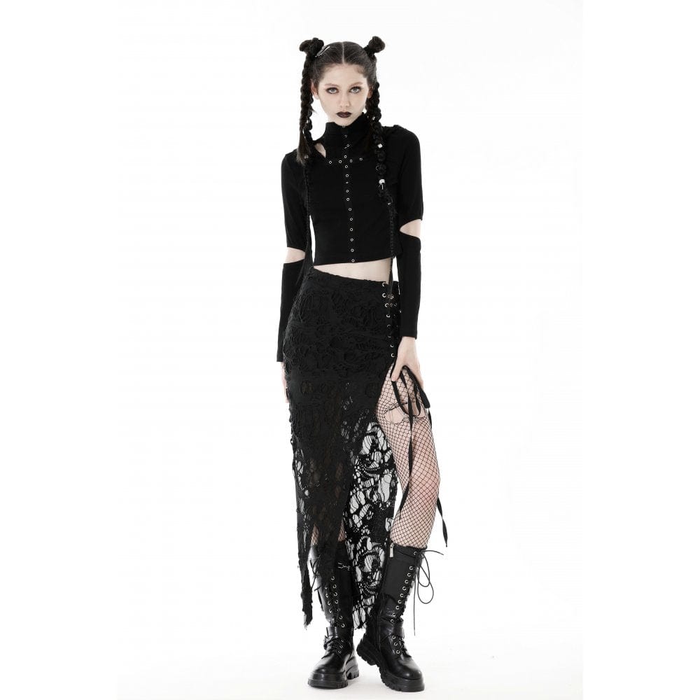 Darkinlove Women's Punk Cutout Eyelet Crop Top with Ripped Hood