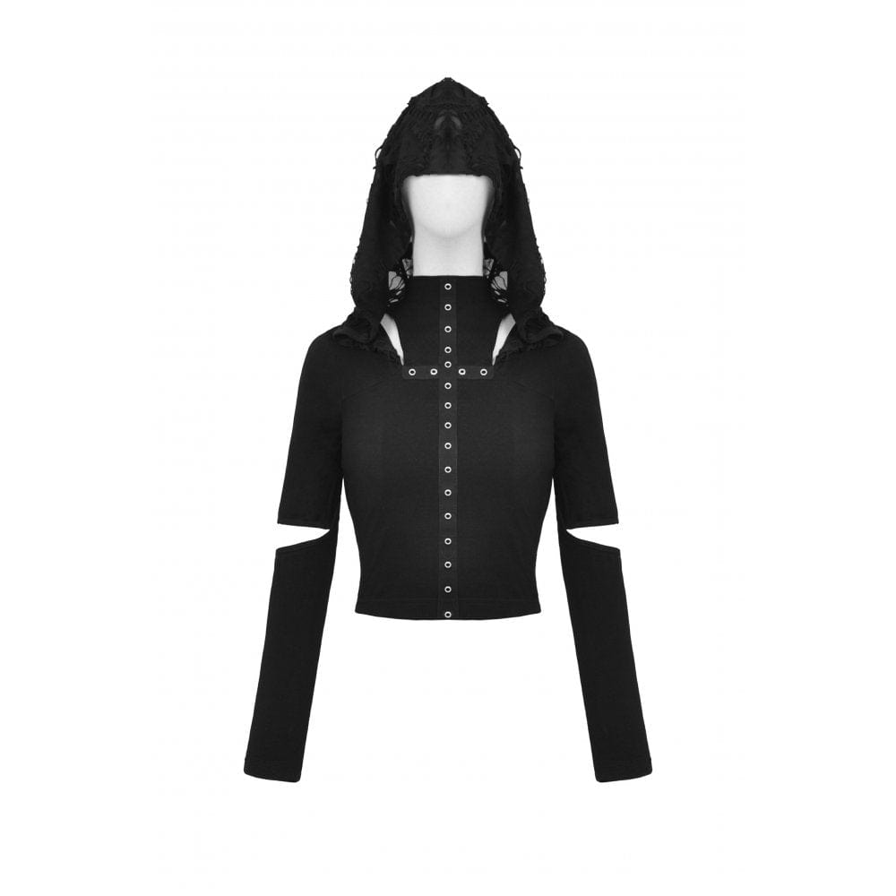 Darkinlove Women's Punk Cutout Eyelet Crop Top with Ripped Hood