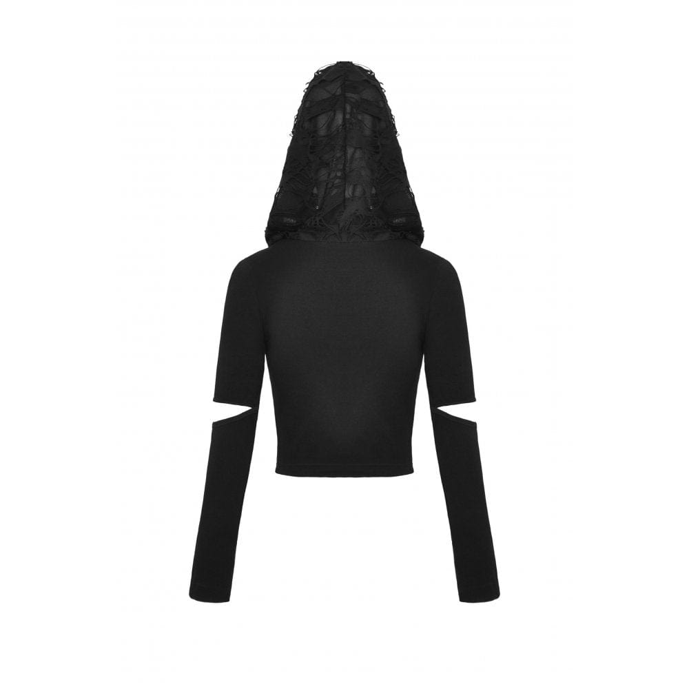 Darkinlove Women's Punk Cutout Eyelet Crop Top with Ripped Hood