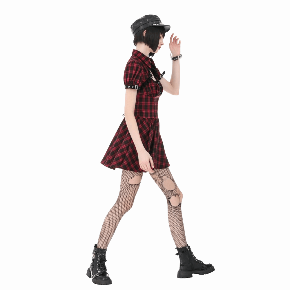 Darkinlove Women's Punk Cutout Turn-down Collar Plaid Short Sleeve Dress