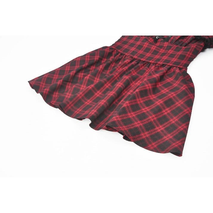 Darkinlove Women's Punk Cutout Turn-down Collar Plaid Short Sleeve Dress