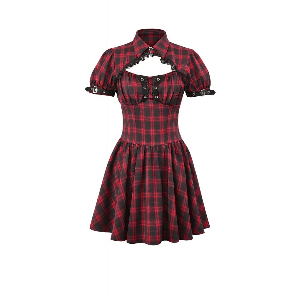 Darkinlove Women's Punk Cutout Turn-down Collar Plaid Short Sleeve Dress
