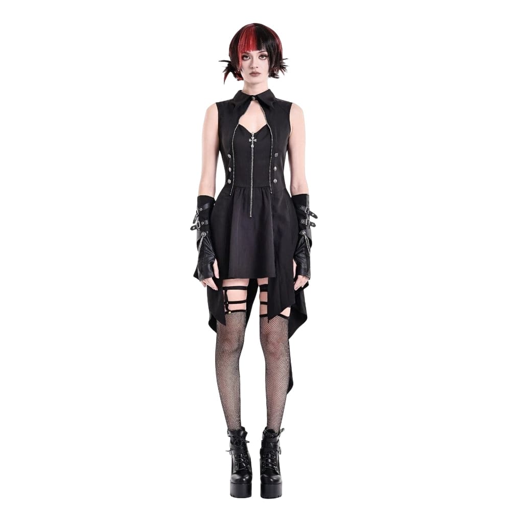 Darkinlove Women's Punk Cutout Turn-down Collar Zipper Irregular Hem Dress