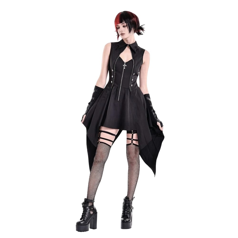 Darkinlove Women's Punk Cutout Turn-down Collar Zipper Irregular Hem Dress