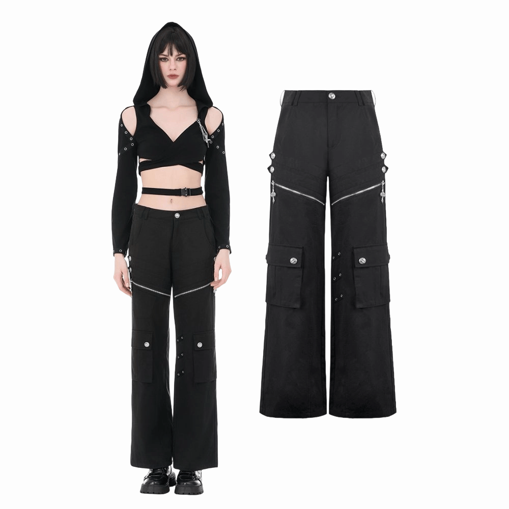 Darkinlove Women's Punk Eyelet Big Pocket Zipper Pants