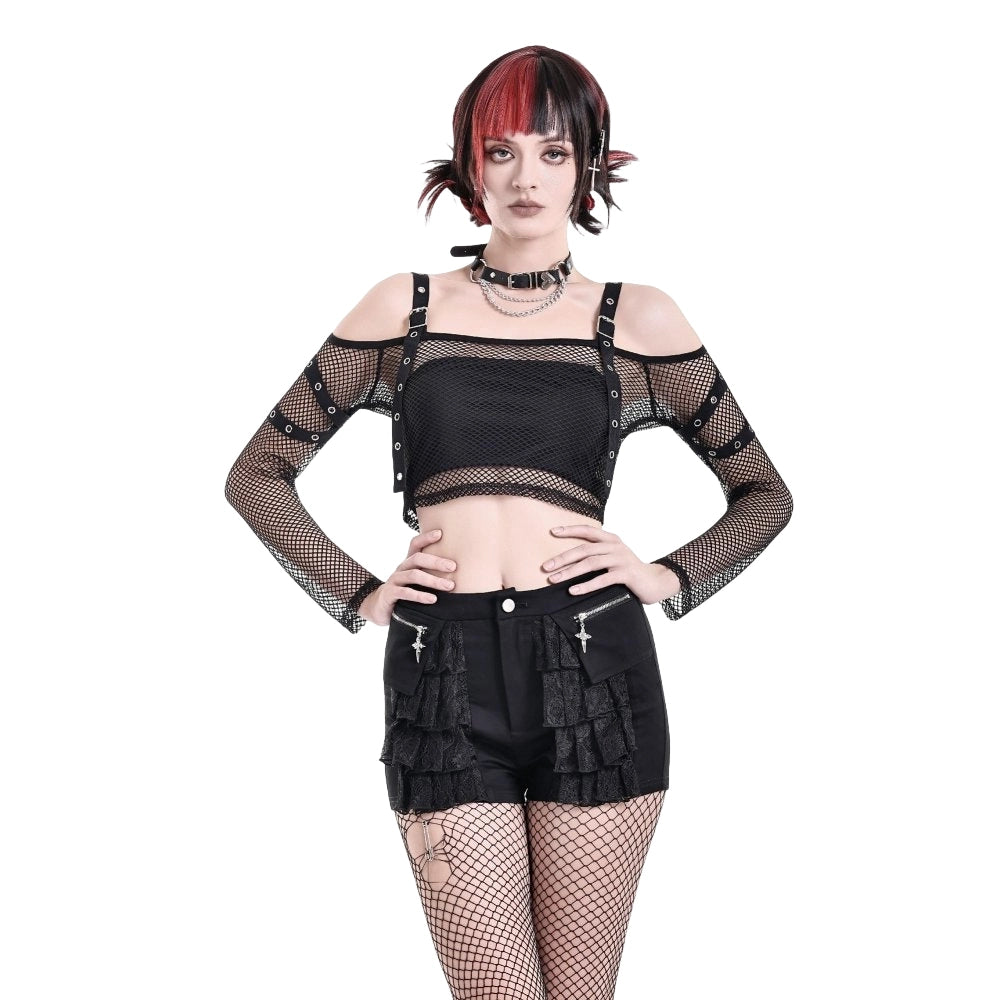 Darkinlove Women's Punk Eyelet Buckle Strap Mesh Long Sleeve Top