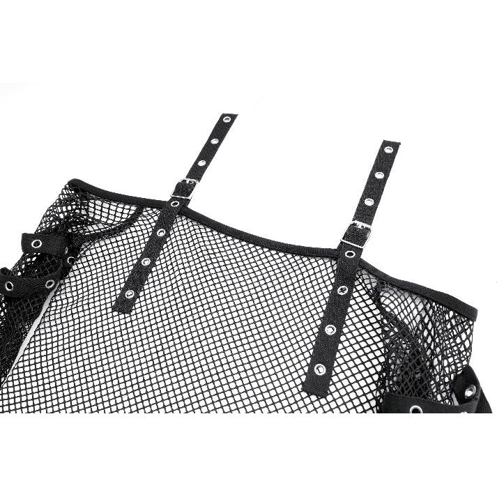 Darkinlove Women's Punk Eyelet Buckle Strap Mesh Long Sleeve Top