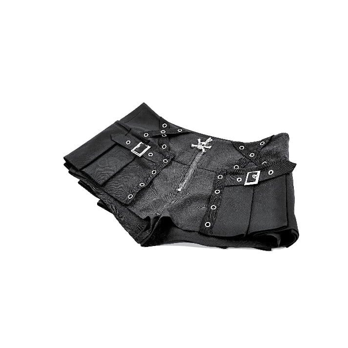 Darkinlove Women's Punk Eyelet Buckle Strap Zipper Mini Pleated Shorts