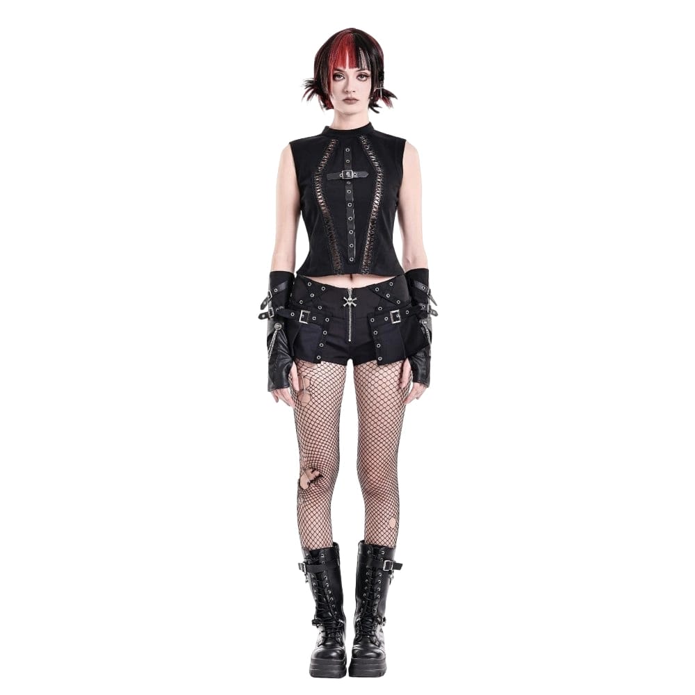 Darkinlove Women's Punk Eyelet Buckle Strap Zipper Mini Pleated Shorts