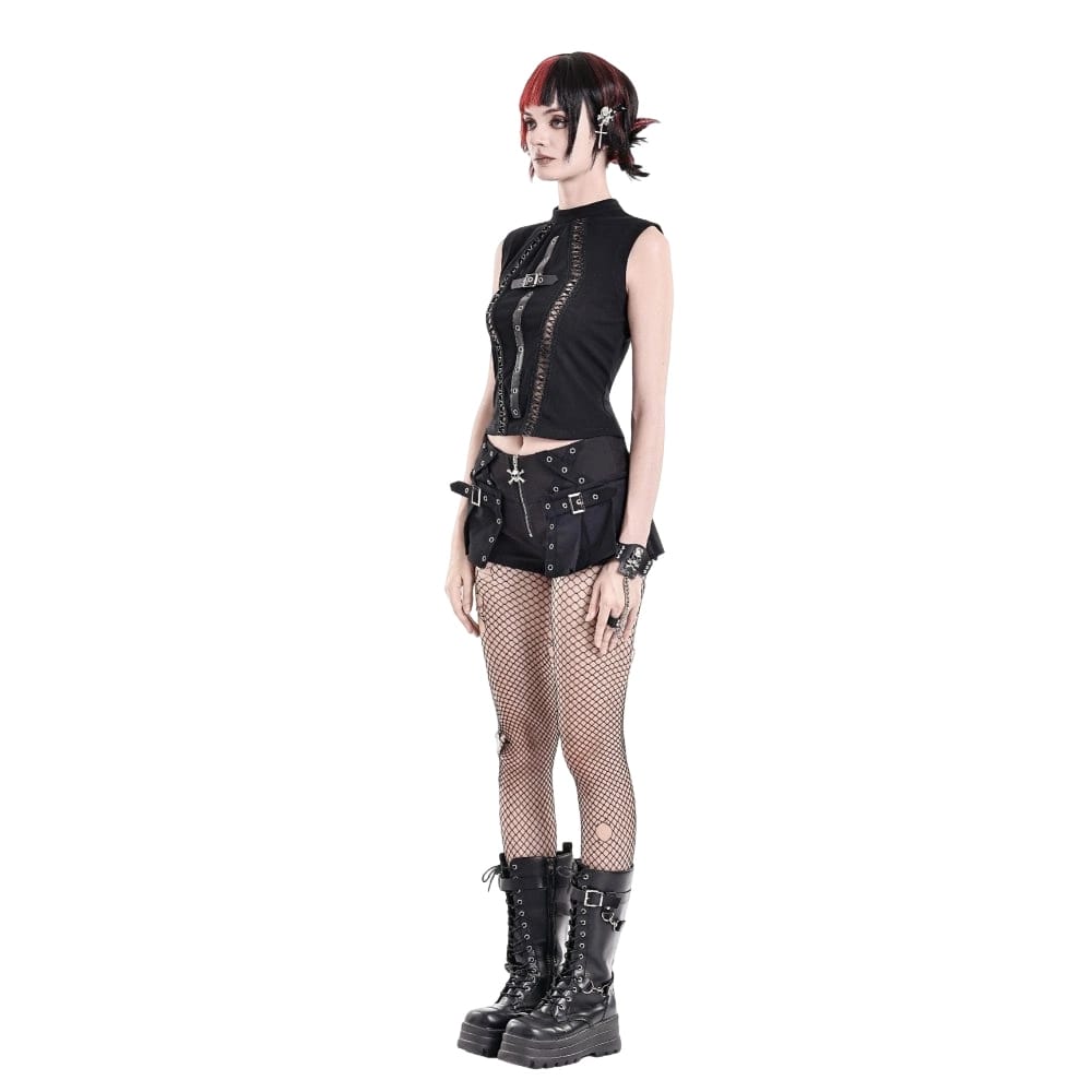 Darkinlove Women's Punk Eyelet Buckle Strap Zipper Mini Pleated Shorts
