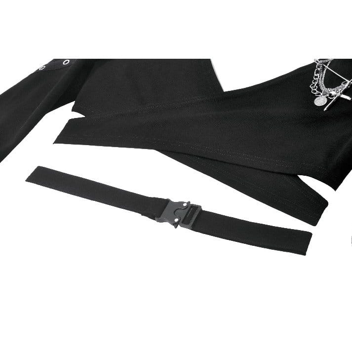 Darkinlove Women's Punk Eyelet Cutout Hooded Long Sleeve Crop Top with Detachable Brooch
