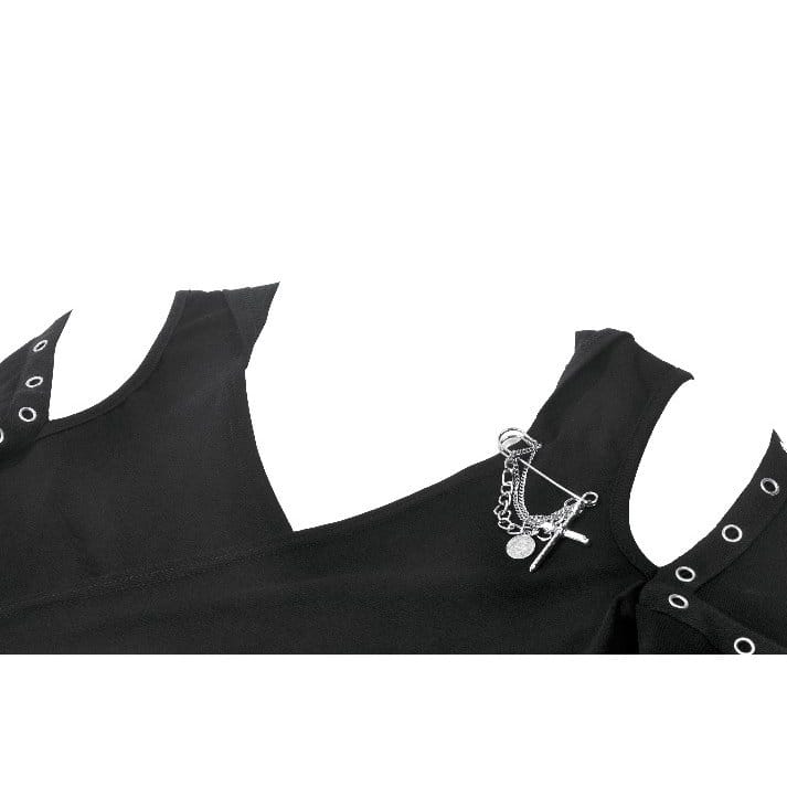 Darkinlove Women's Punk Eyelet Cutout Hooded Long Sleeve Crop Top with Detachable Brooch