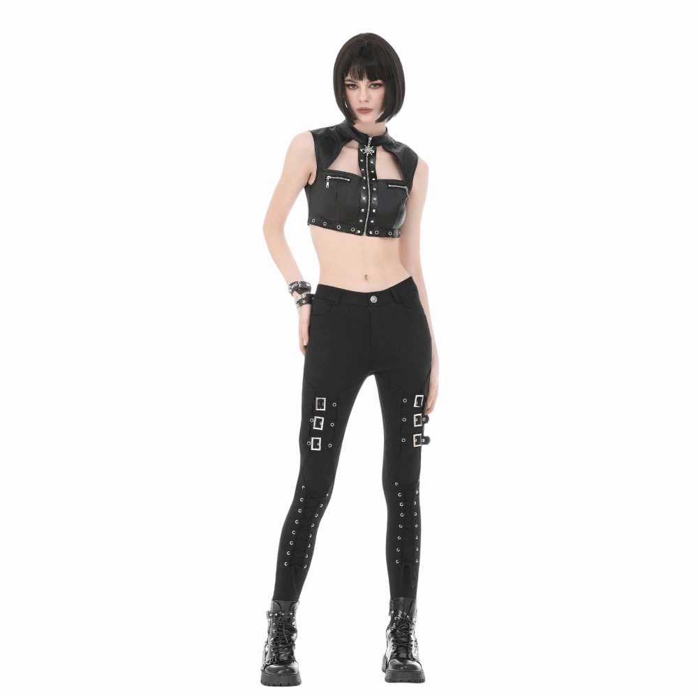 Darkinlove Women's Punk Eyelet Rivet Cutout Zipper Crop Top
