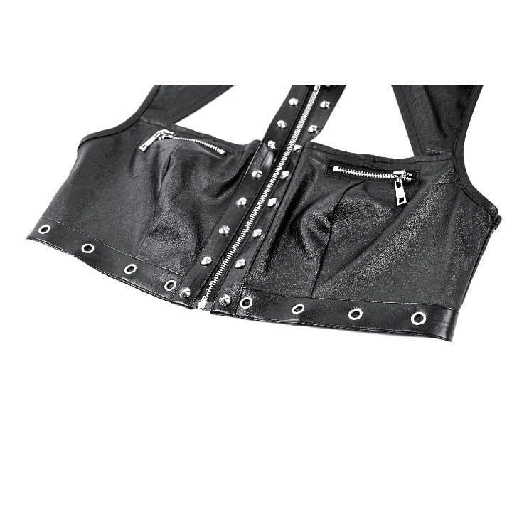 Darkinlove Women's Punk Eyelet Rivet Cutout Zipper Crop Top
