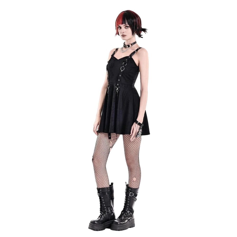 Darkinlove Women's Punk Eyelet Strap Distressed Flare Slip Dress