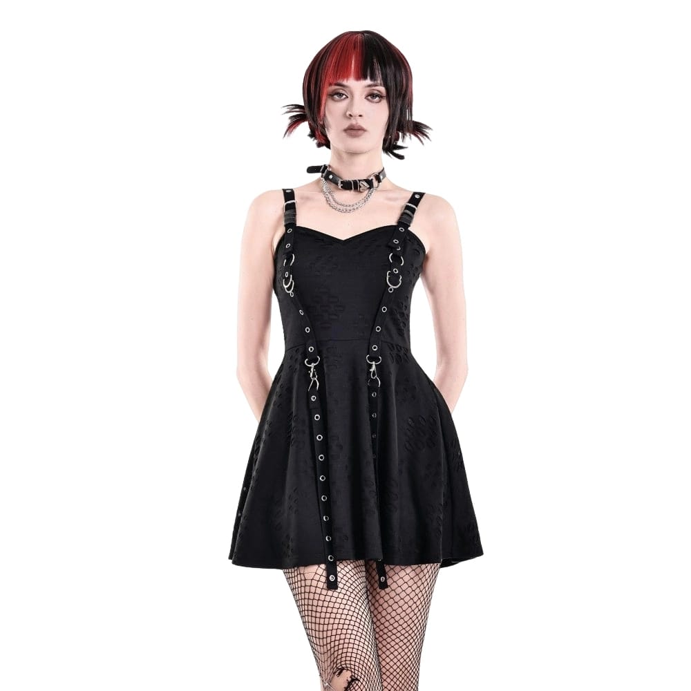 Darkinlove Women's Punk Eyelet Strap Distressed Flare Slip Dress