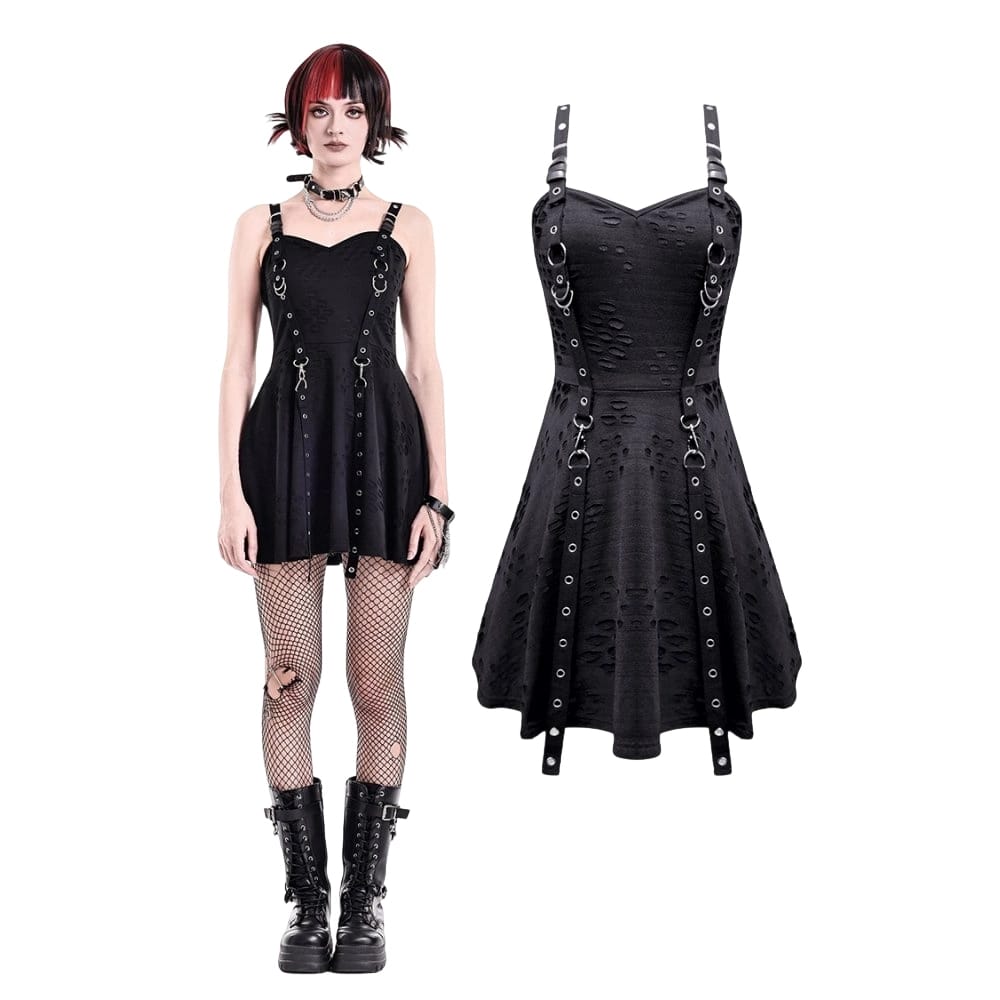 Darkinlove Women's Punk Eyelet Strap Distressed Flare Slip Dress