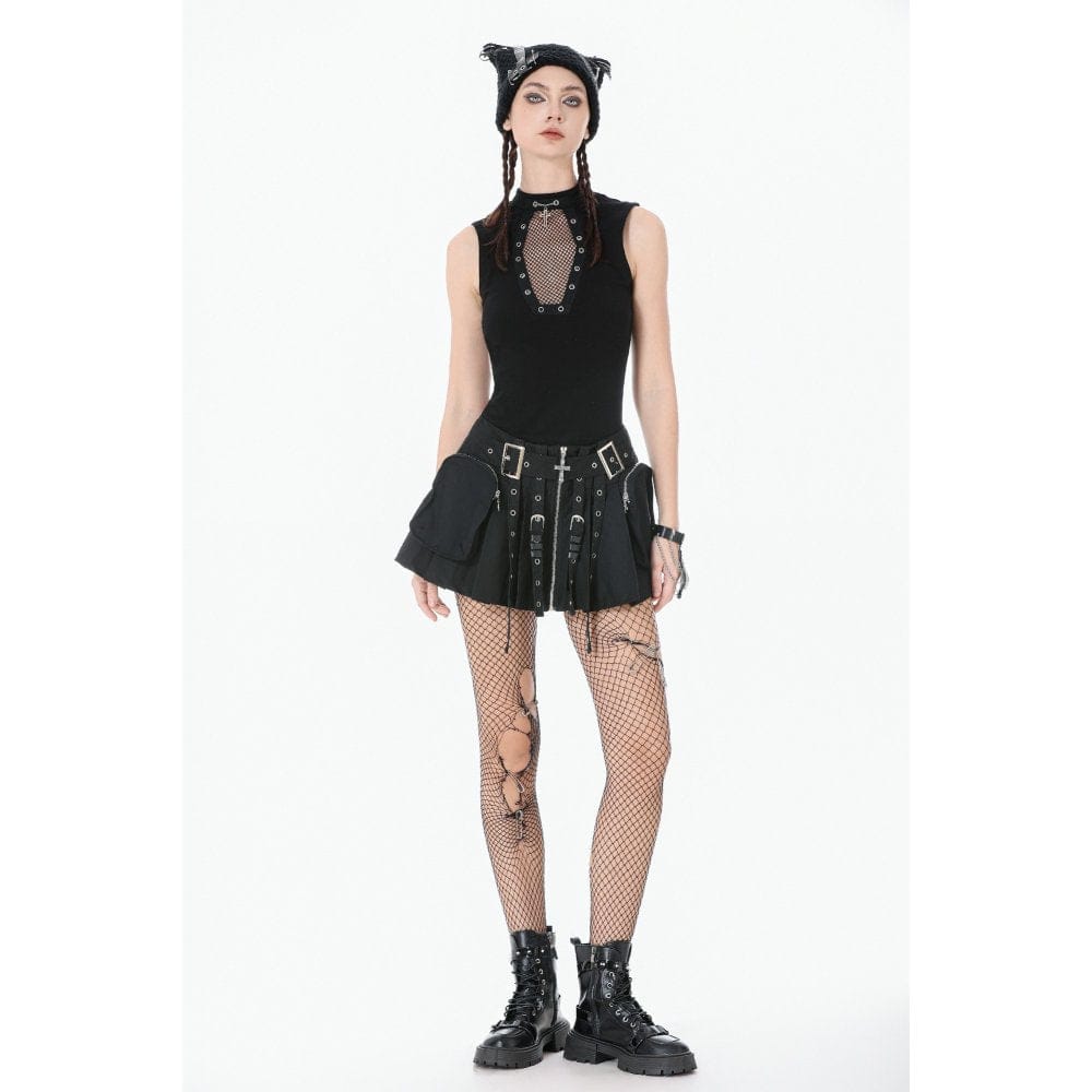 Darkinlove Women's Punk Eyelet Strappy Big Pocket Pleated Skirt