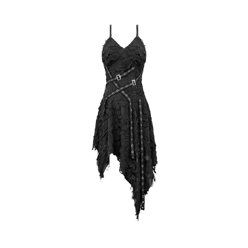 Darkinlove Women's Punk Eyelet Straps Irregular Hem Slip Dress