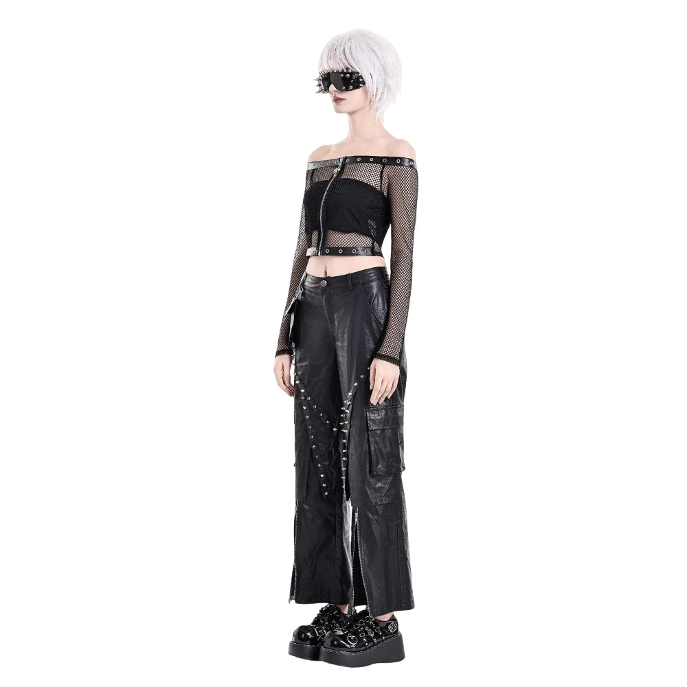 Darkinlove Women's Punk Eyelet Zipper Off-Shoulder Fishnet Top