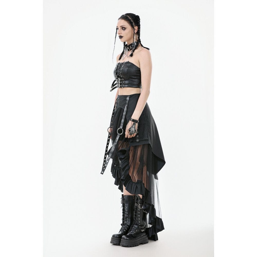 Darkinlove Women's Punk Faux Leather Straps Multilayered High/low Mesh Skirt