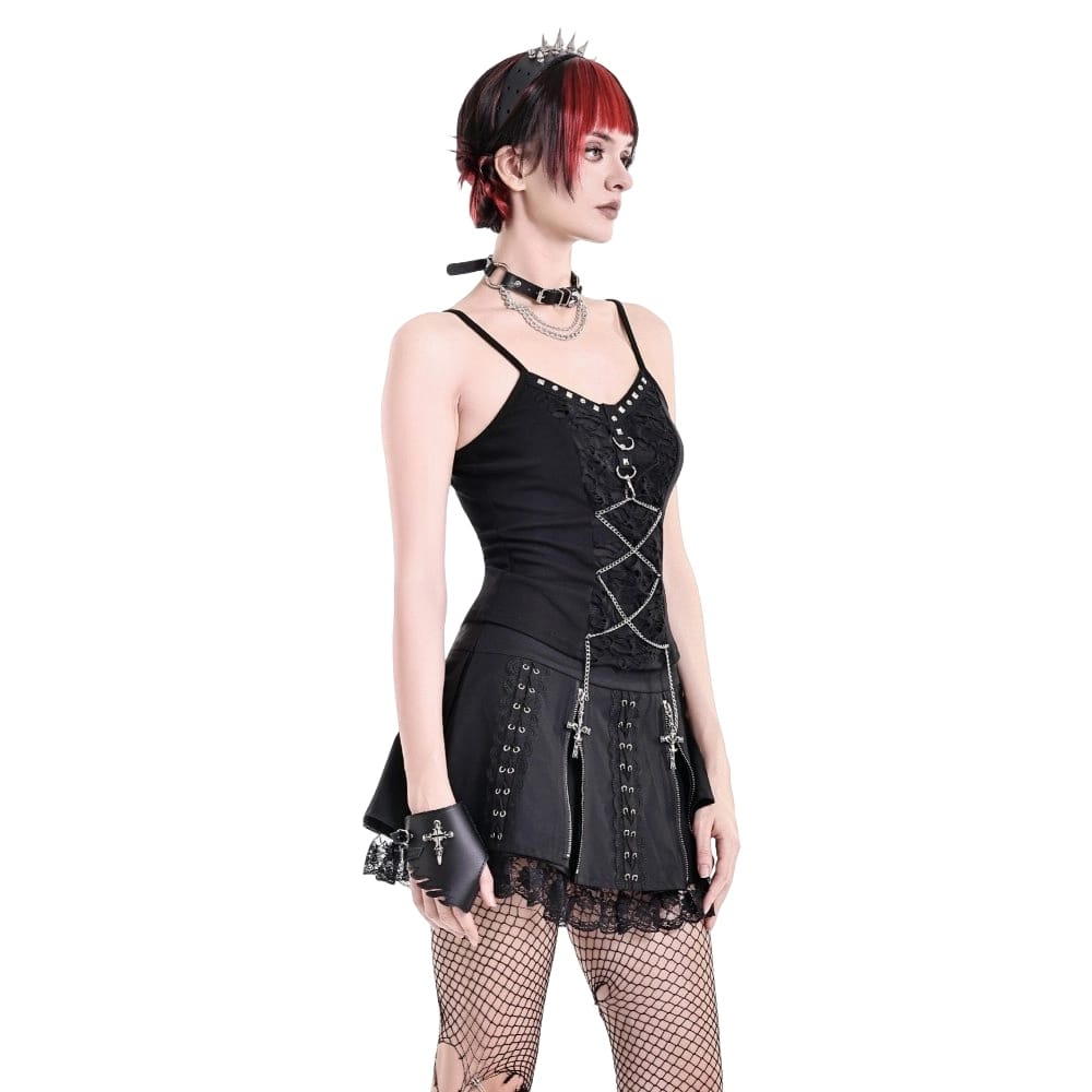 Darkinlove Women's Punk Floral Lace Patchwork Cross Zipper Mini Skirt