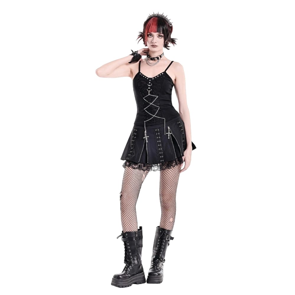 Darkinlove Women's Punk Floral Lace Patchwork Cross Zipper Mini Skirt