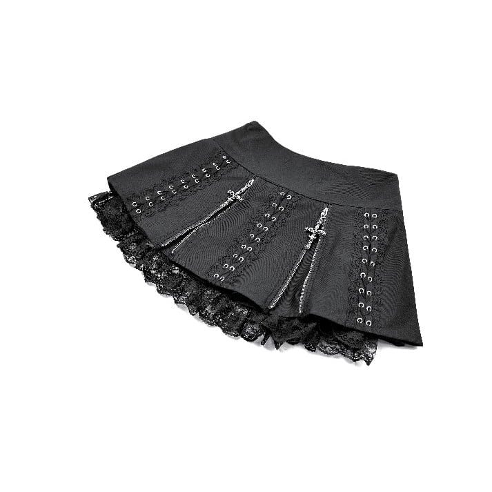 Darkinlove Women's Punk Floral Lace Patchwork Cross Zipper Mini Skirt