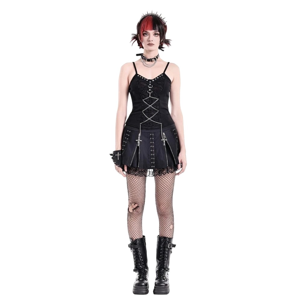 Darkinlove Women's Punk Floral Lace Patchwork Cross Zipper Mini Skirt