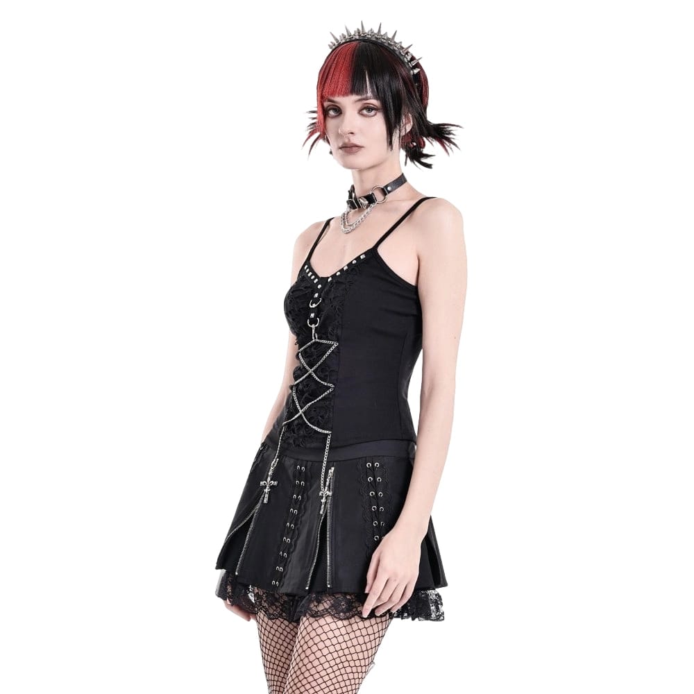 Darkinlove Women's Punk Floral Lace Patchwork Cross Zipper Mini Skirt