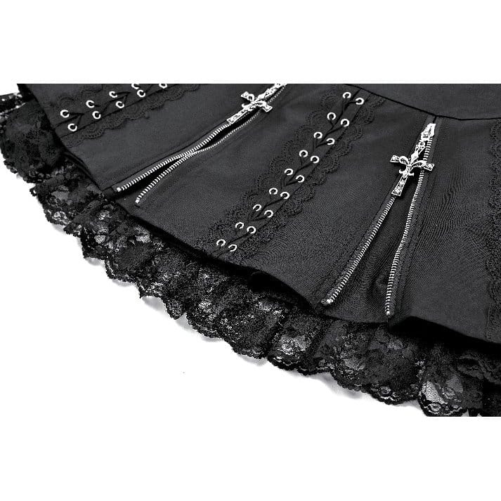 Darkinlove Women's Punk Floral Lace Patchwork Cross Zipper Mini Skirt