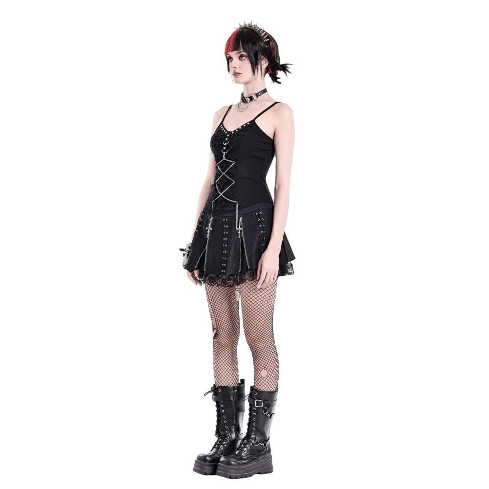 Darkinlove Women's Punk Floral Lace Patchwork Cross Zipper Mini Skirt