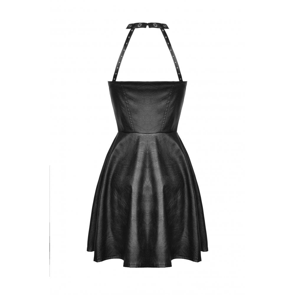 Darkinlove Women's Punk Front Zip Halterneck Faux Leather Dress