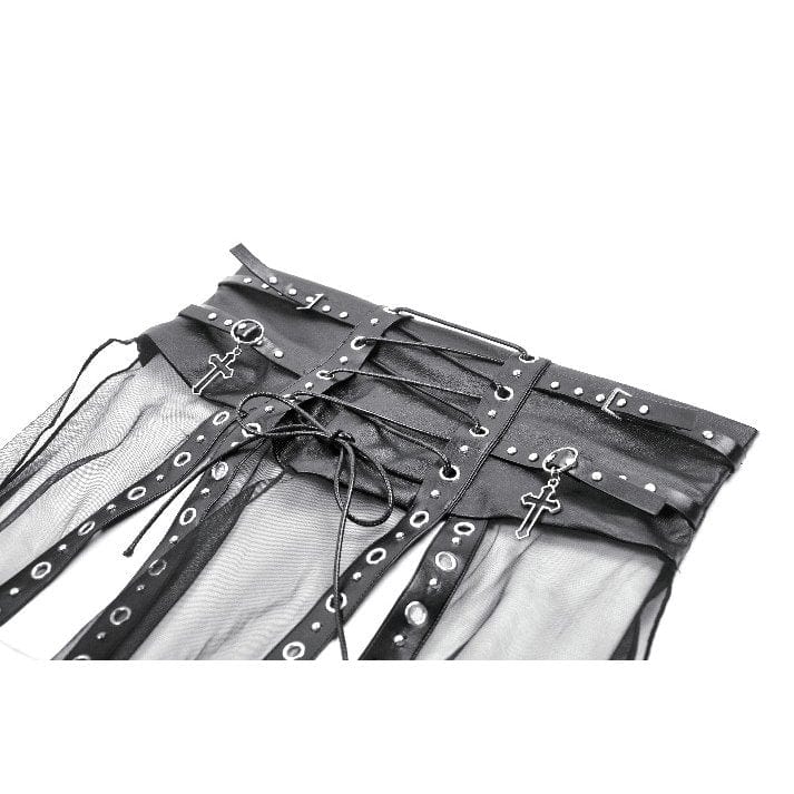 Darkinlove Women's Punk High-waisted Faux Leather Straps Sheer Mesh Maxi Skirt